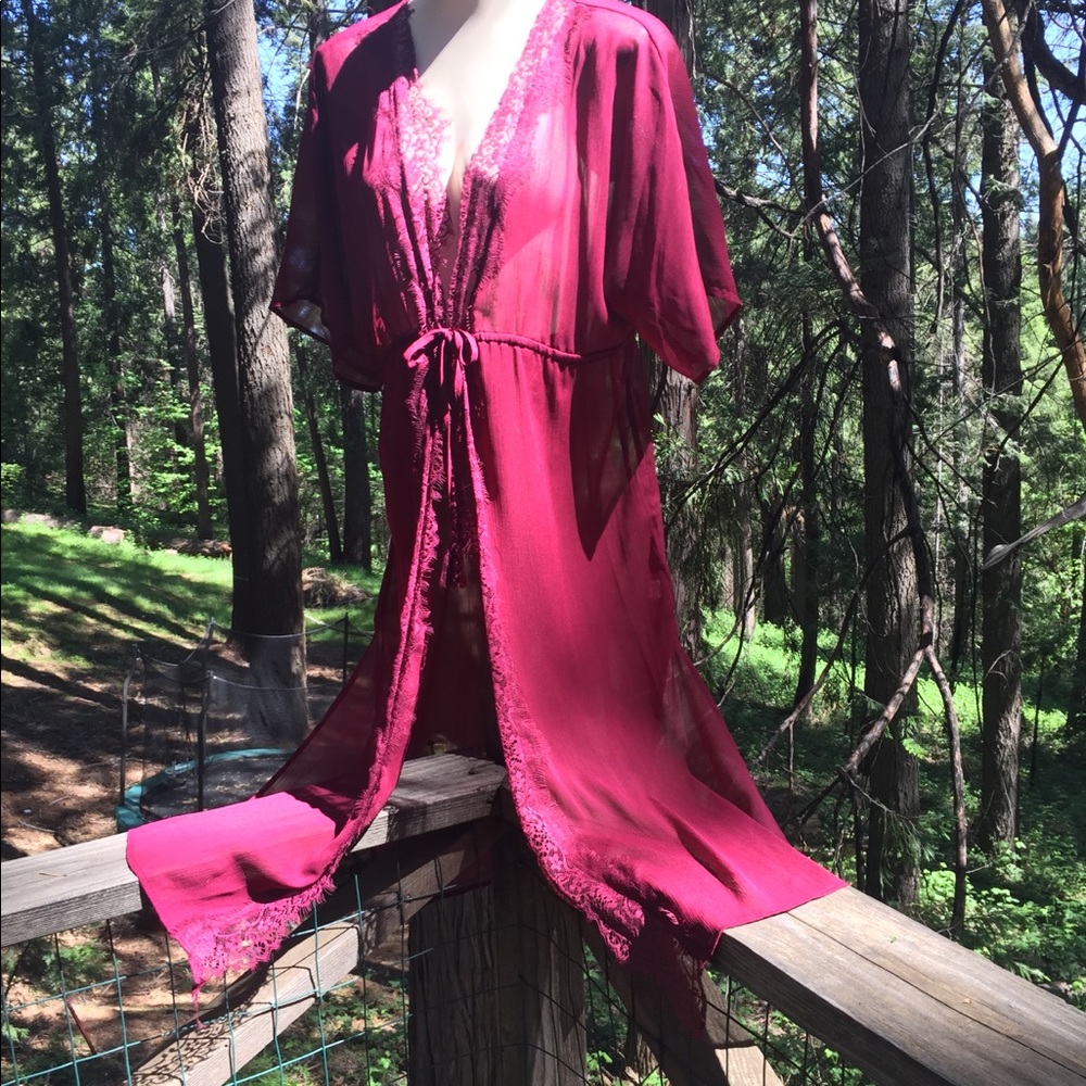 Time and Tru raspberry chiffon and lace duster burgundy jacket - Picture 3 of 11